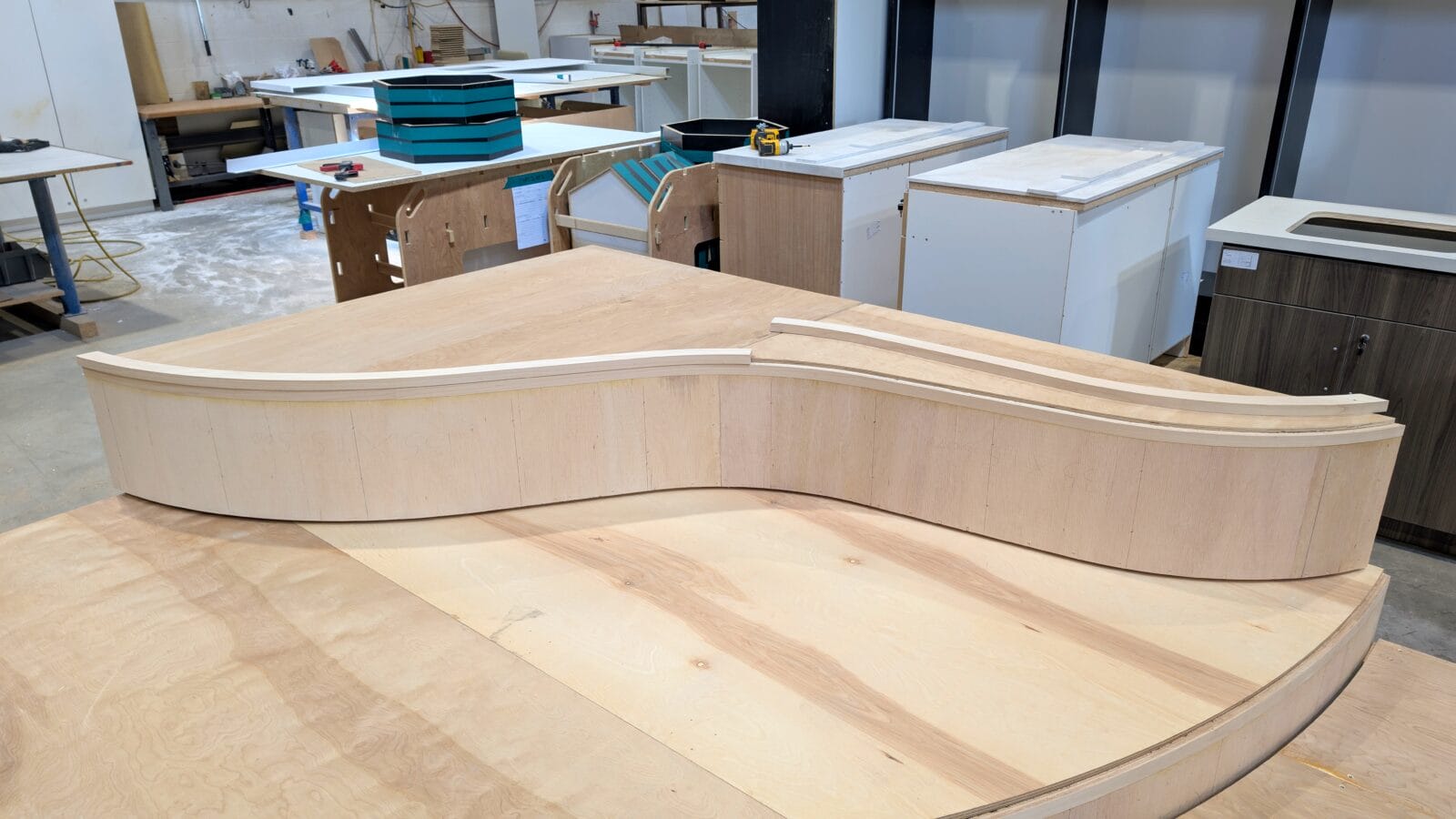 Curved millwork under construction in the DNS Industries shop in Vaughan, Ontario
