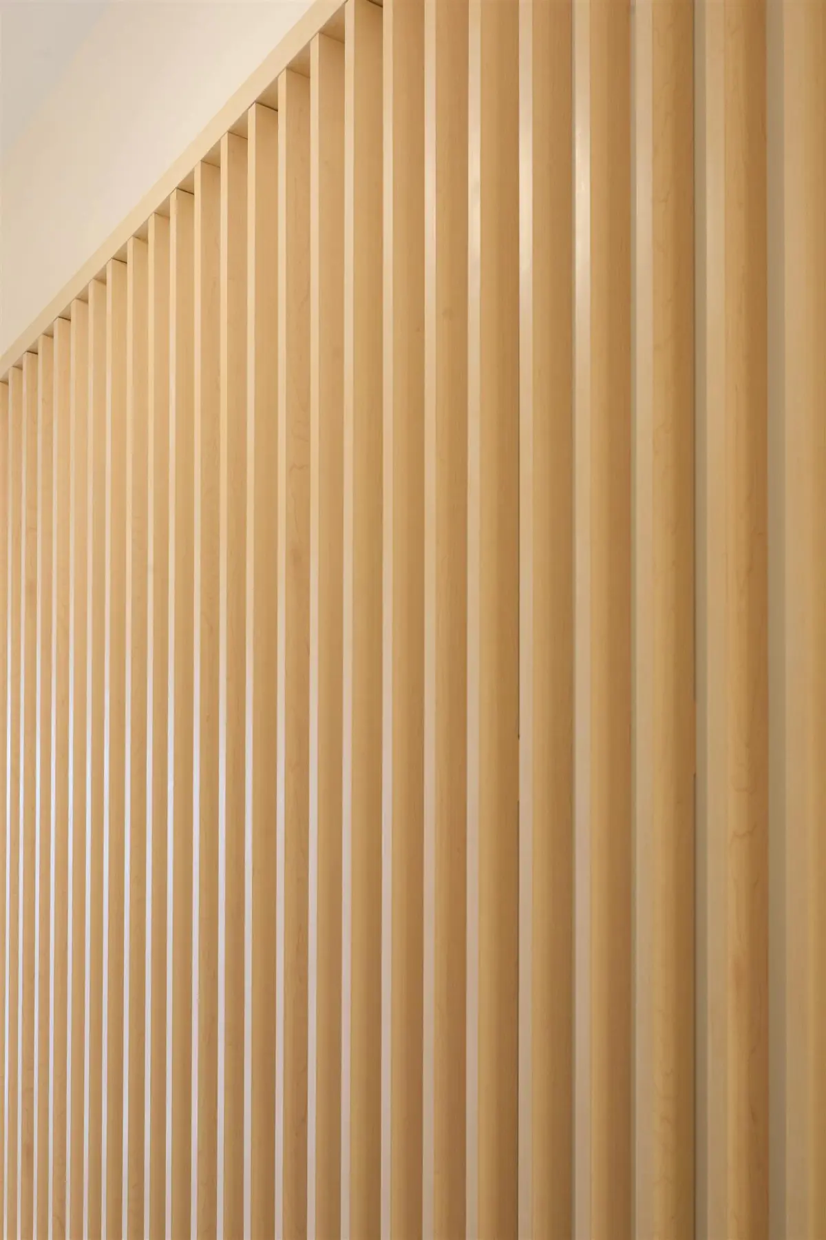 Full-height maple slat wall with concealed reveals, machined and finished by DNS Industries for Juno Veterinary on Queen Street East, Toronto.