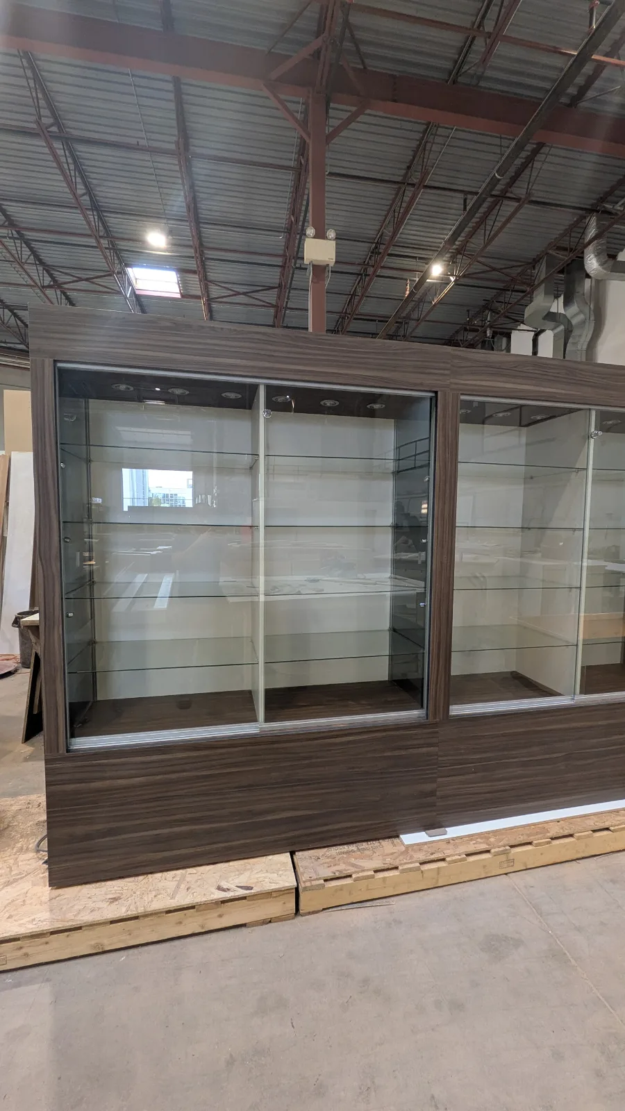 Walnut-laminate glass wall case standing in the high-bay DNS plant