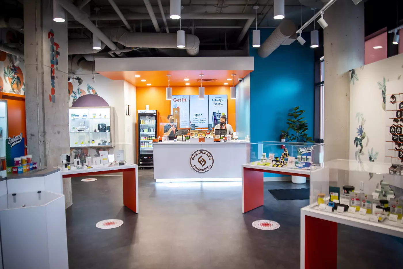 Modern cannabis dispensary interior with display counters