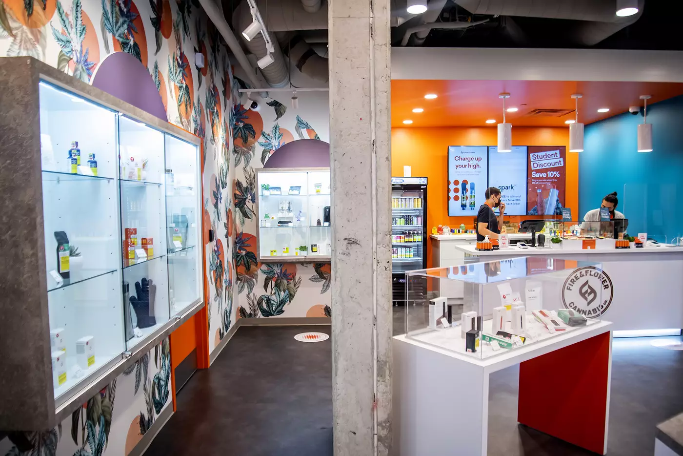 Modern cannabis dispensary interior with display cases