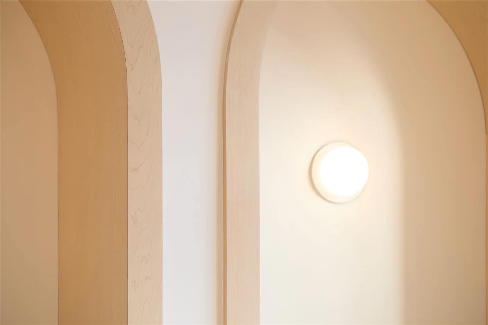Close detail of a curved maple arch return and round wall light in the Juno Veterinary waiting area