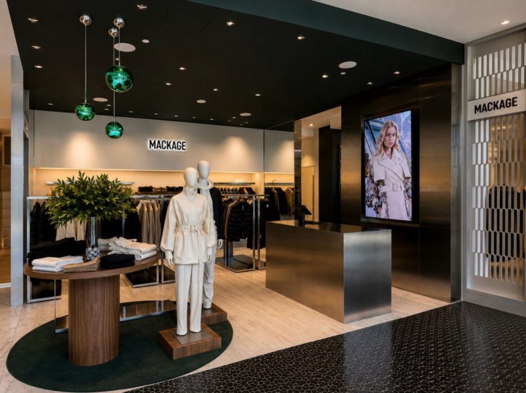 Stainless steel cash desk and display screen in a Mackage store