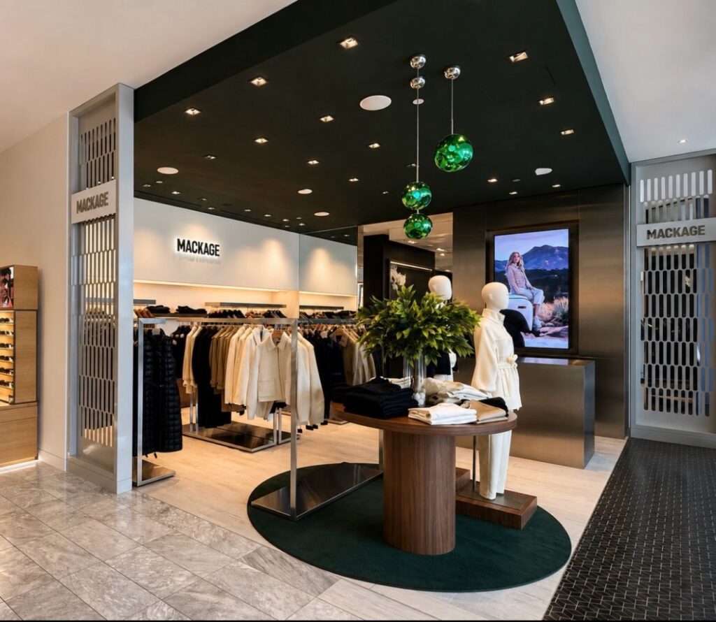 Round walnut display table and perforated display portals in a Mackage store