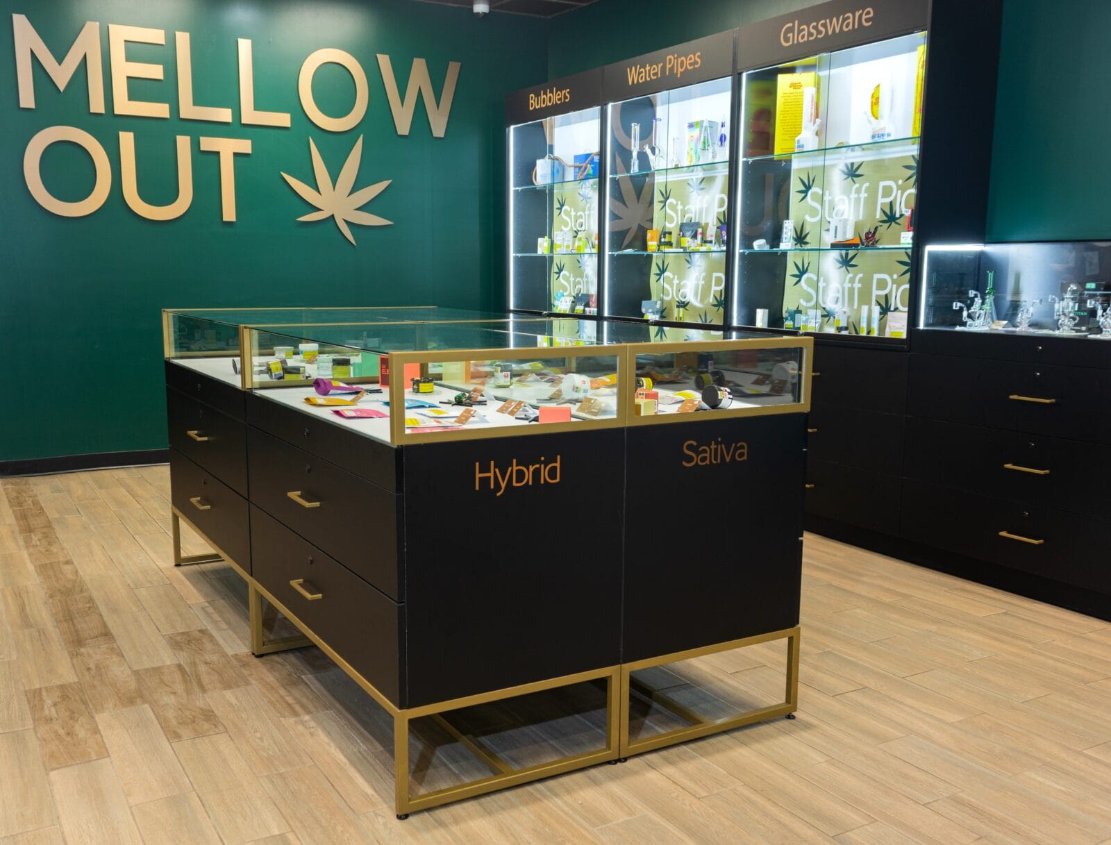 Cannabis dispensary interior with glass display cases