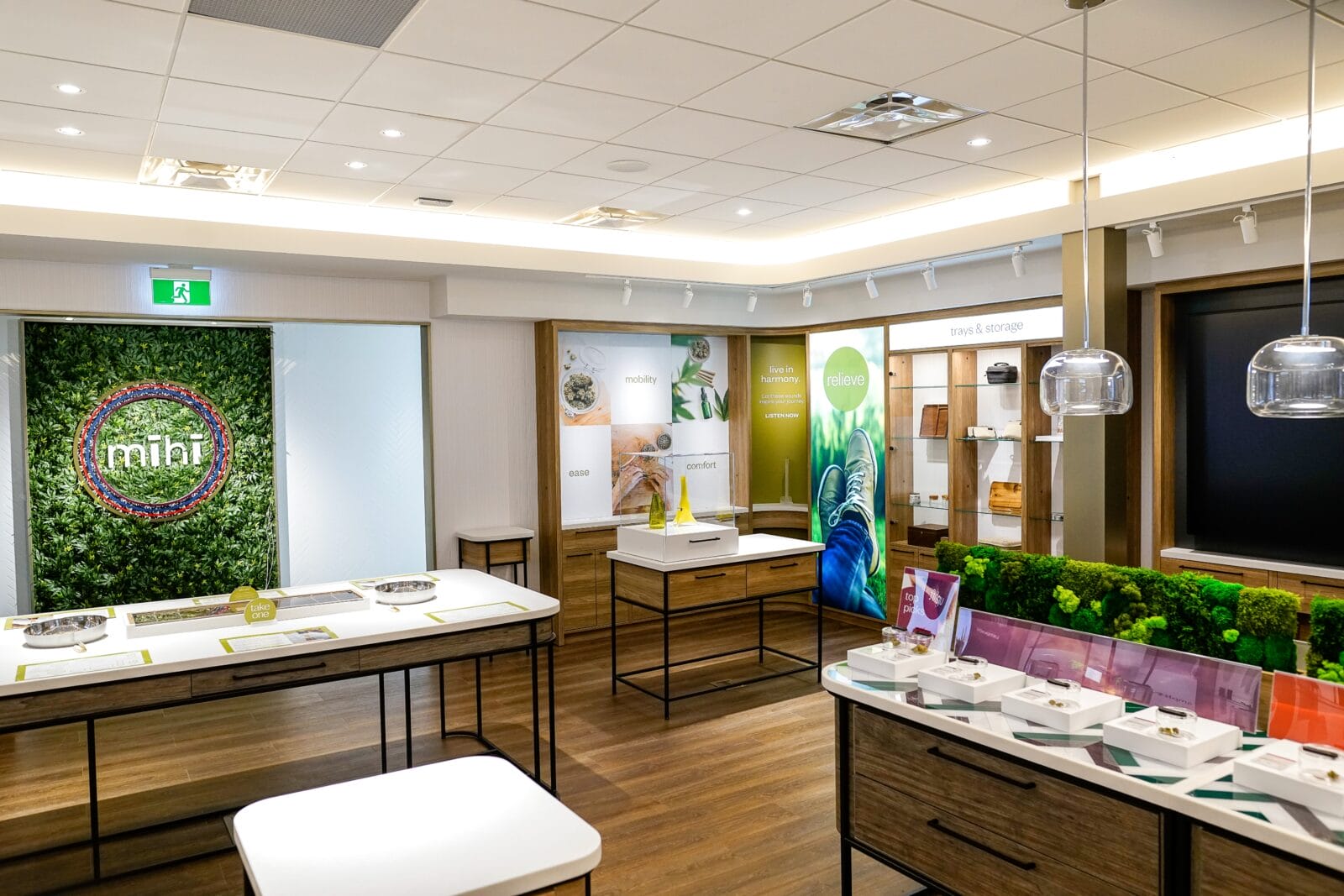 Modern cannabis retail showroom with wooden displays